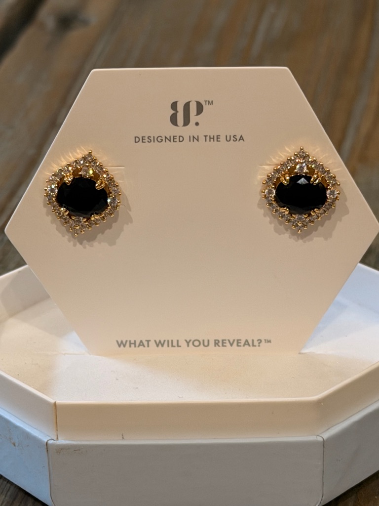 Bomb Party Nwot! Black Crystal Halo Gold-Frame Stud Earrings By Bp